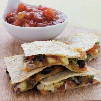 Black Bean and Zucchini 
Quesadillas

Ingredients: Black beans, salsa, zucchini, corn tortillas, Cheddar cheese 

Calories: 400 

