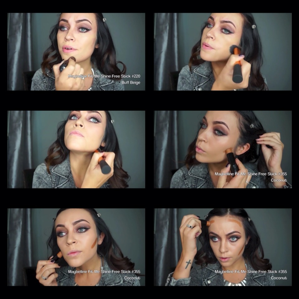 1. Swipe foundation all over face
2. Blend foundation onto your face and neck using foundation brush(you can use your fingers too)
3. Apply Contour Shade(darker color) to cheek bones, and on top of forehead near your hair line and temple area