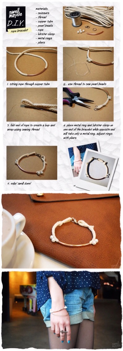 Rope & Pearl Bracelet

Full instructions here:
http://www.swellmayde.com/2011/03/diy-rope-bracelet.html?m=1