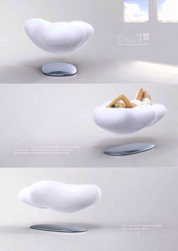 14. A levitating sofa that uses a giant magnet to simulate sitting on a cloud.
