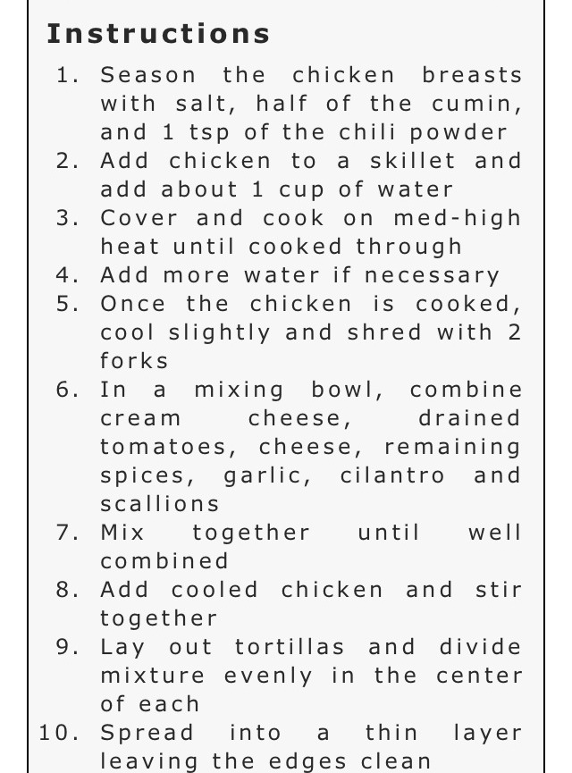 Spicy Chicken Tortillas Roll ups 