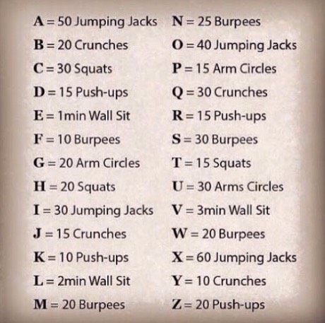 So basically what you do is use the first letter of your name, then second and so on. But each letter is code for an exercise. So clever. I have lost 1 lb in 1 week by doing the word exercise everyday for 1 week 3 times a day