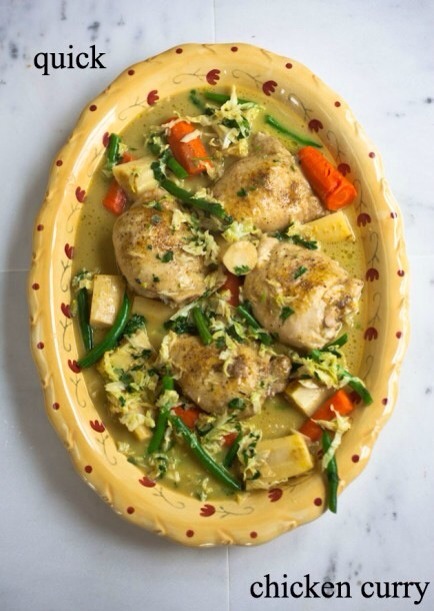 Chicken Curry with Carrots and Parsnips

This delicious curry makes use of hardy winter vegetables, like carrots and parsnips. Feel free to substitute your own favorite root veggies. 
1 can coconut milk
1 cup chicken stock
1 tablespoon green curry paste
1 kaffir lime leaf (optional)
1 smal ginger