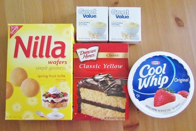 Ingredients:

1  box yellow cake mix
ingredients needed to make cake (eggs, oil & water)
2 (3.4 oz.) packages instant banana pudding
4 cups milk
1 (8 oz.) tub frozen whipped topping, thawed
20 vanilla wafers, crushed