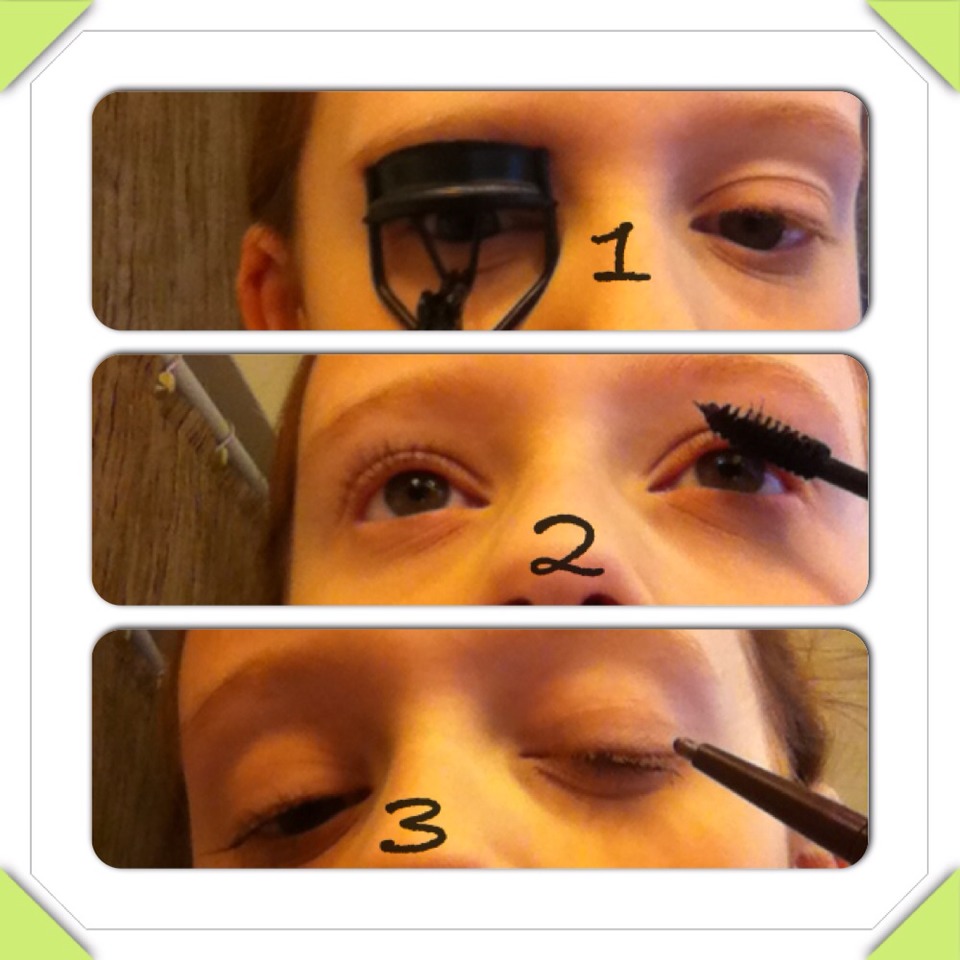 Curl lashes. Put on mascara. Apply a very thin line of eyeliner. I use a pencil liner. 