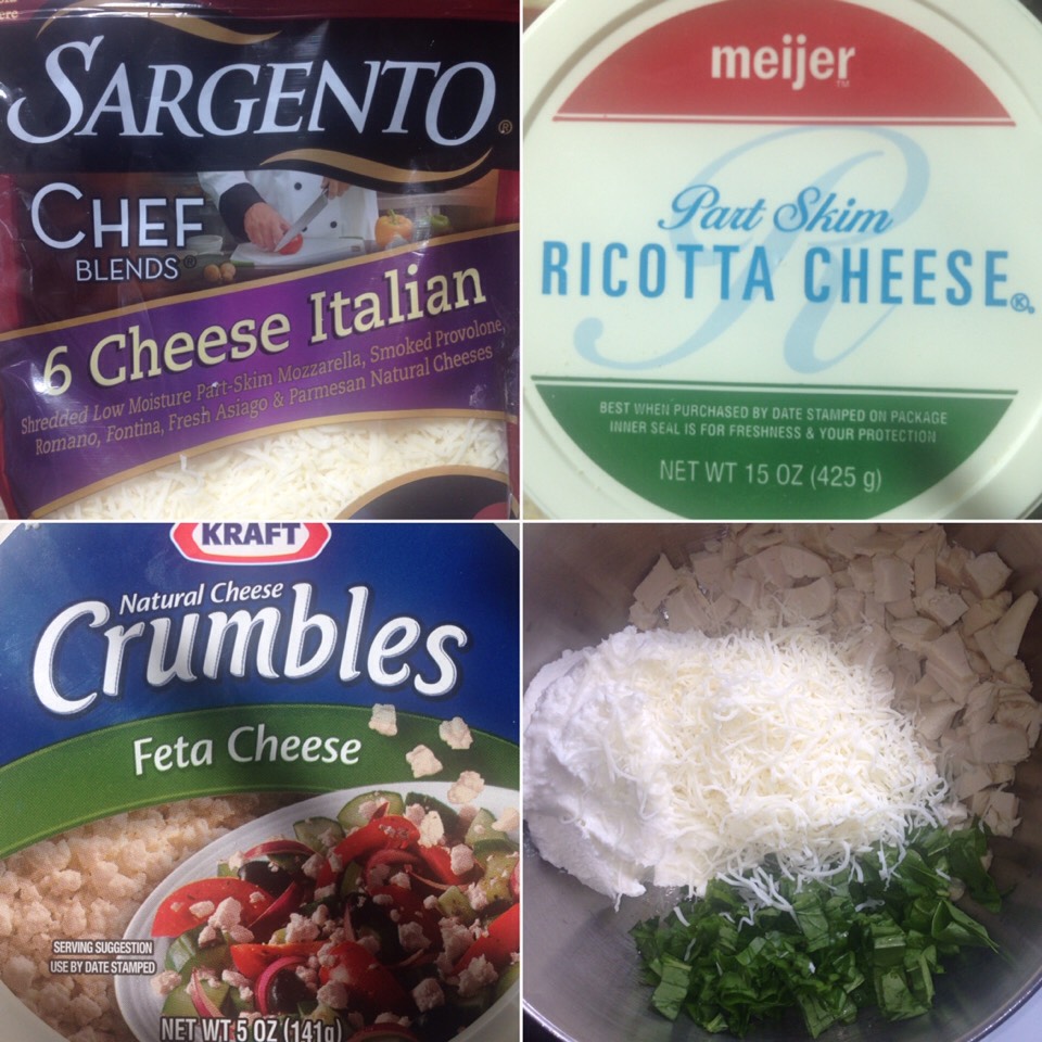 In the mixture,
-1 1/2- 2lbs of, diced or shredded, cooked chicken
-1 cup of chopped spinach
-1 cup of 6 cheese Italian
-20oz of ricotta cheese
-1/4 cup of feta
-1/4 of parmesan cheese
-1 tsp of salt & pepper
-1 tbsp of garlic powder
-1 tsp of Italian seasoning
-1 egg