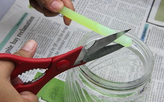 Now cut the glow stick and pour it into the jar!!!