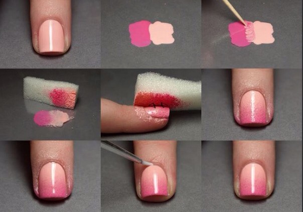  Achieve this ombre nail look with a few shades of polish and a make up sponge.