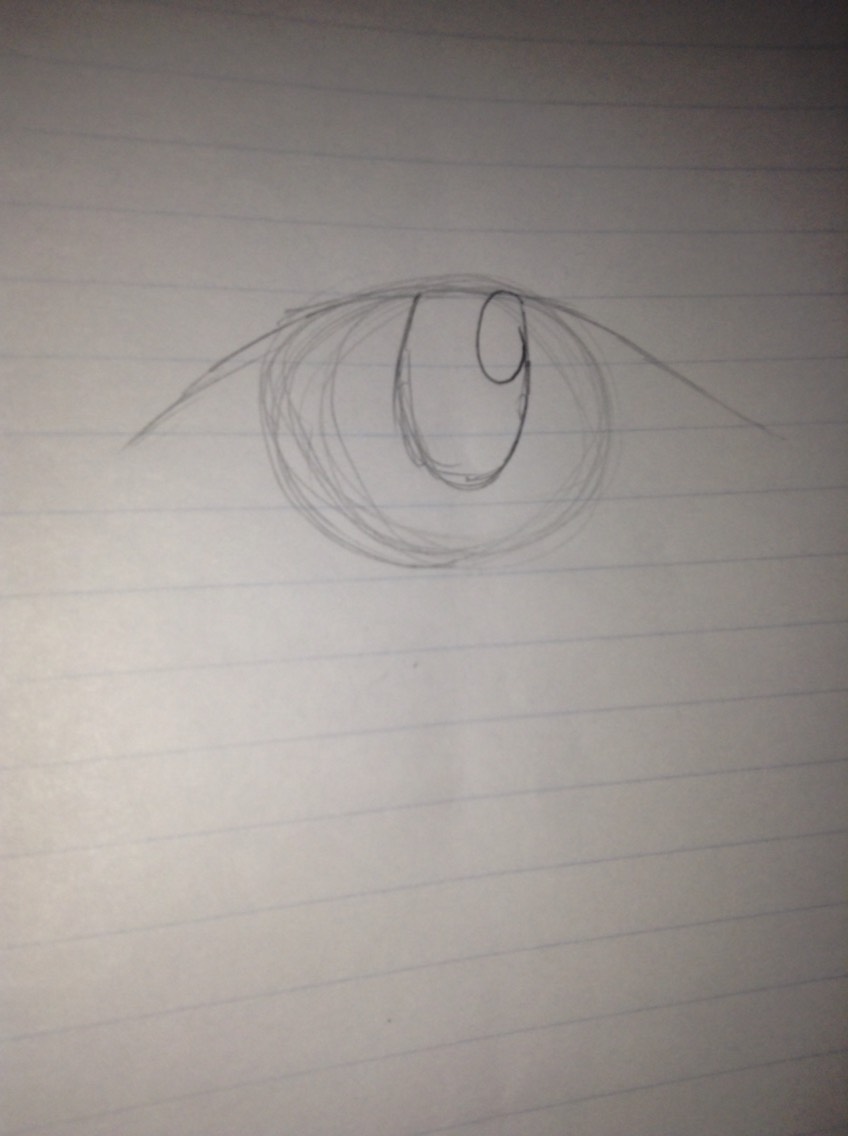 Next draw in your pupil. I start at the top of my iris and make an oval. I add a little oval for the light reflection.