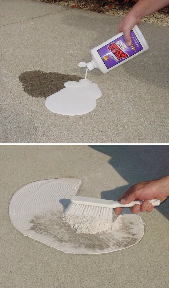21. Oil stains on driveway

There's a product called Pour-N-Restore. You pour it on the oil stain on your driveway and it comes out a liquid and turns into a powder. When it becomes a powder just sweep it up and you're good to go!