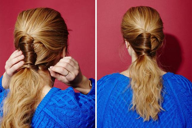13. French Twist Ponytail: This ‘do proves that you don’t have to take it high to have a happening updo. The vertical twist adds an eye-catching element to this brushed back style that works great on second day hair. (via Refinery29) 