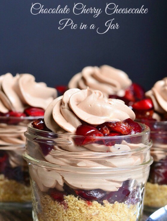 No bake chocolate cherry cheesecake pie in a jar