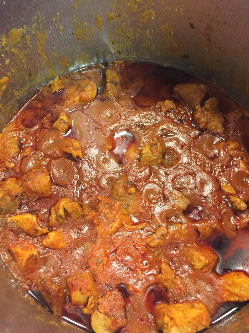 Perfect simmered meat after 45 minutes. 

Take off heat and let cool so meat can be run through a food processor. 