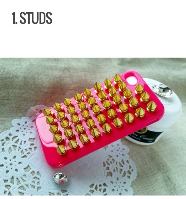 For this case you can order studs right off the internet or simply buy them at a craft store. You could stick them on an already decorated case or just make your own designs on a blank case. Glue them onto a hard plastic case, or screw them into a flexible rubber case. 