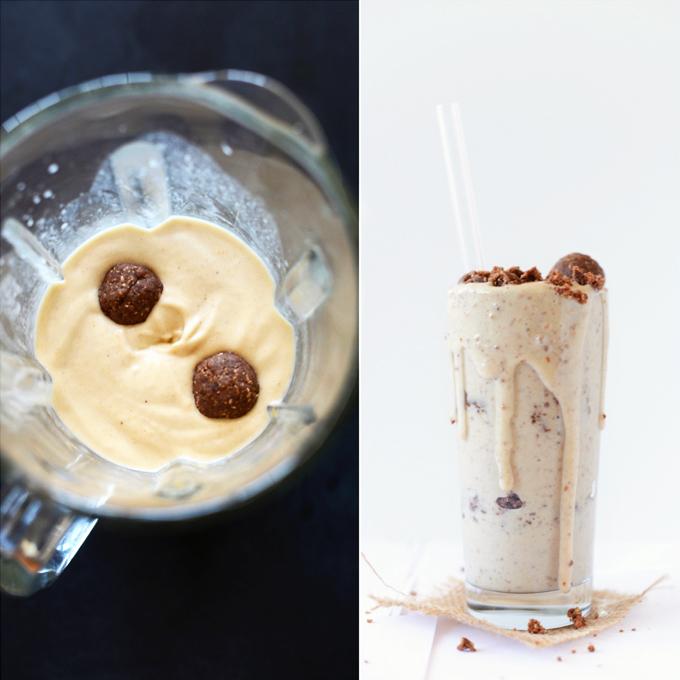 Once blended, drop in two no bake cookie bites and give it two more pulses to loosely mix.
Pour into two serving glasses, and top with another crumbled no bake cookie bite (optional). Serve immediately.