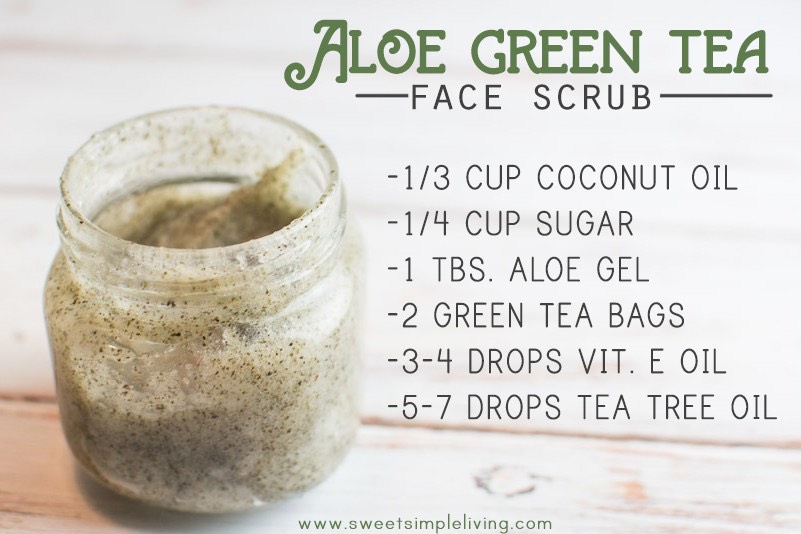 The ingredients you’ll need are:
-1/3 C. Coconut Oil
-1/4 C. Sugar
-1 Tbs. Aloe Vera Gelly
-2 Green Tea Bags
-3-4 drops Vitamin E Oil optional- just really good for your skin!
-5-6 drops Tea Tree Essential Oil optional- great for keeping acne away!