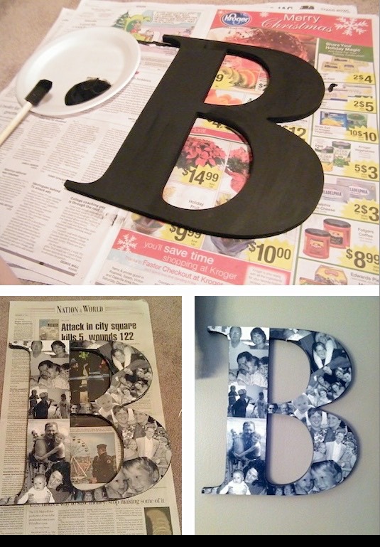 4. Photo Collage Monogram
Mod Podge — A crafty girl’s best friend! Use it to make one of these clever picture monograms. You can buy the wooden letters from just about any craft store. I think this would look nice on a bookshelf or mantel. What a great idea for your bestie!