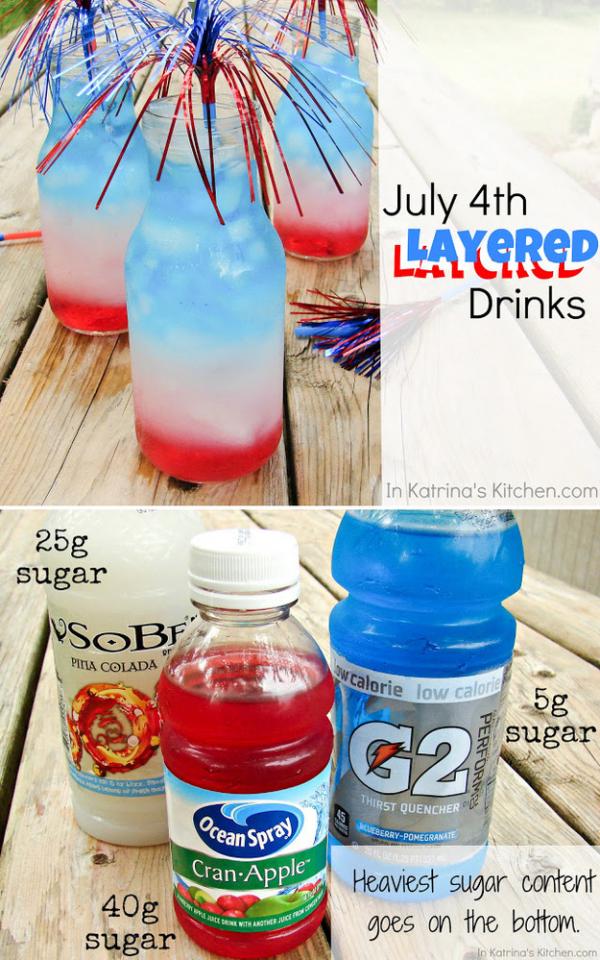 “This works well for red, white & blue but u can really do this with any color combination. The other secret to success with layered drinks is plenty of ice. After u add bottom layer fill the glass to the top with ice & and pour the 2nd layer slowly & directly on top of an ice cube.”