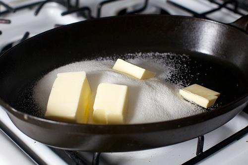 In either, place 3/4 cup sugar, butter and sea salt and heat over medium heat.