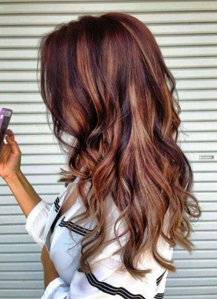 Beautiful burgundy with caramel hi lights 