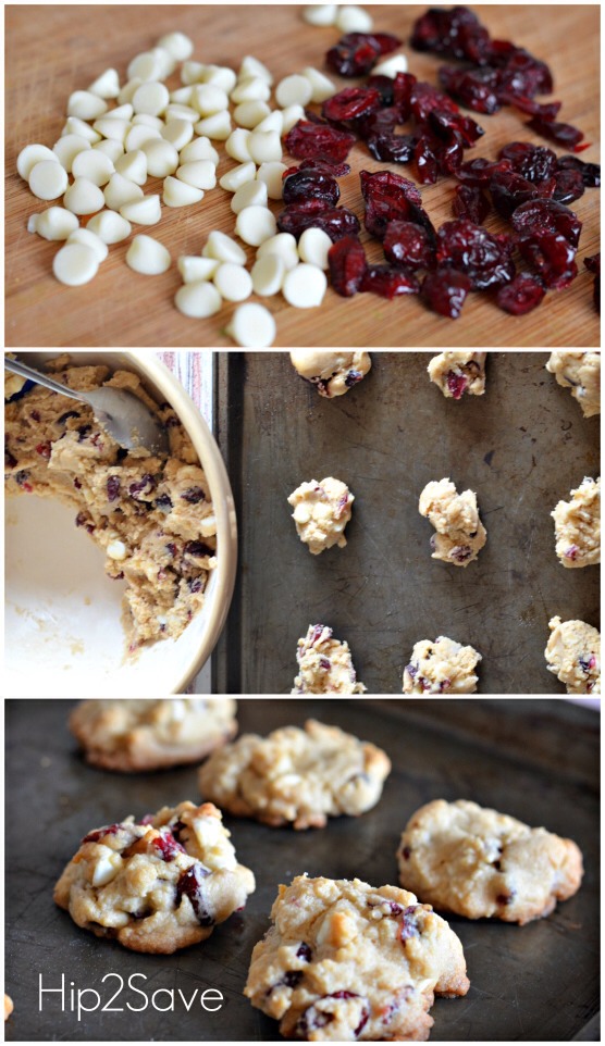 1 cup white vanilla baking chips (6oz)
1  cup sweetened dried cranberries

Directions:

Heat oven to 350°F. In large bowl, beat butter, brown sugar, granulated sugar, vanilla, almond extract and egg with electric mixer on medium speed until well mixed.
