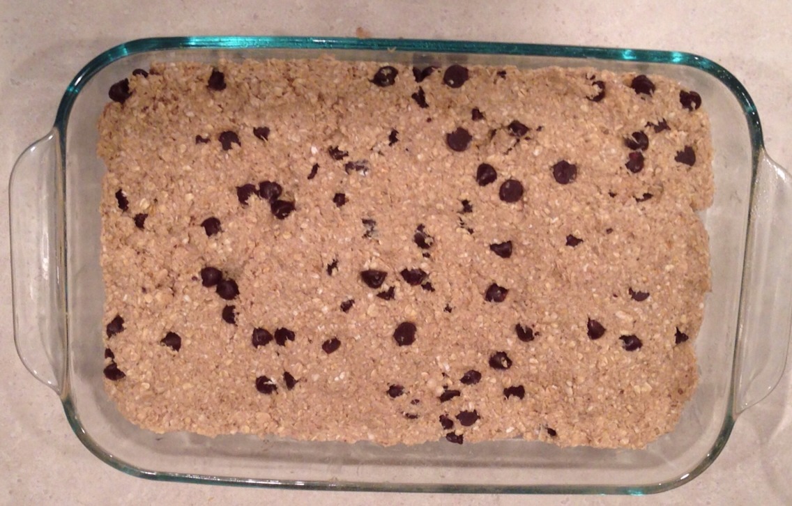 Evenly press the mixture onto a greased 2.2 qt baking dish. Bake for 18 minutes at 350 degrees.