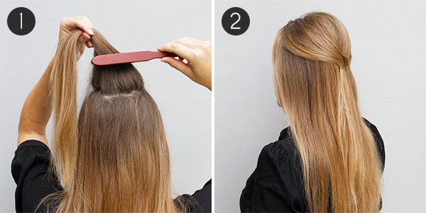 1. Create some volume on the crown area by backcombing the hair. Add a bit of spray hair for hold.

2. Smooth out the top layer, and gather the backcombed hair in the back. Secure it with bobby pins, and make sure you keep the volume you created earlier.