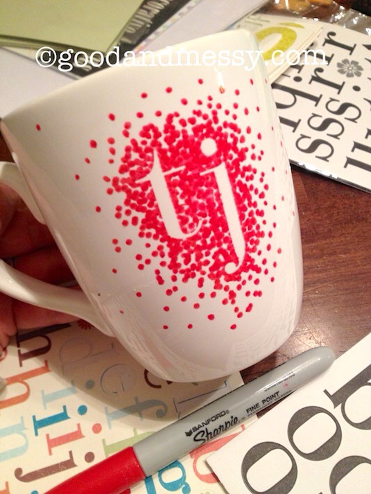1. Monogrammed Sharpie Mug
You really could customize it however you’d like but I’m digging the idea of using stickers and then using your pen around them. Once you pull them off it looks really could customize it however you’d like.