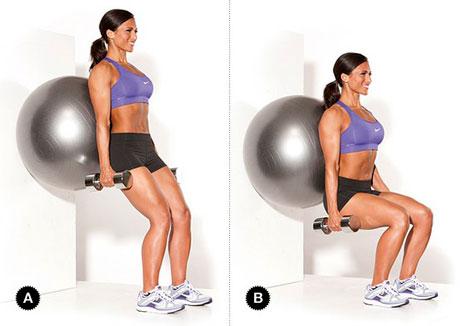 Squat with ball
Slowly bend your knees and lower yourself about 5 to 10 inches. Make sure your shoulders are leveled and hips square.
Maintain this sitting position for about 3-5 seconds then slowly stand back up. Maintain the ball’s pressure on your back.
Repeat until your form starts to break. 
