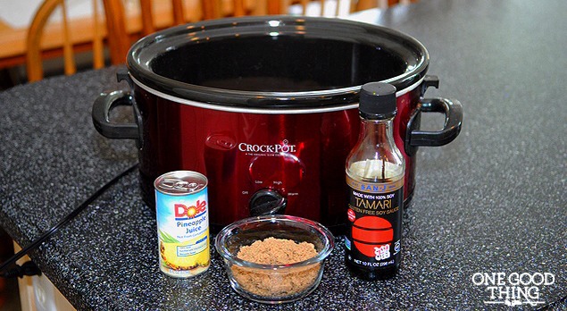 PINEAPPLE TERIYAKI CROCKPOT CHICKEN

Ingredients

1 cup pineapple juice
1/2 cup packed brown sugar
1/3 cup soy sauce (I used a gluten free Tamari)
2 lbs boneless, skinless chicken breasts