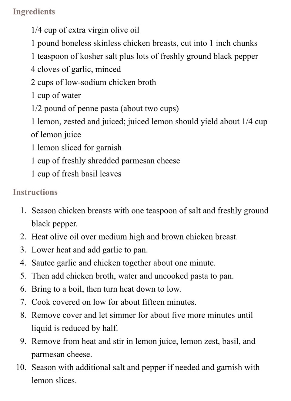 Lemon Chicken Pasta