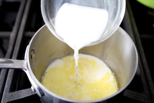 Turn the heat up to medium-high. Add in the cream and milk and stir.