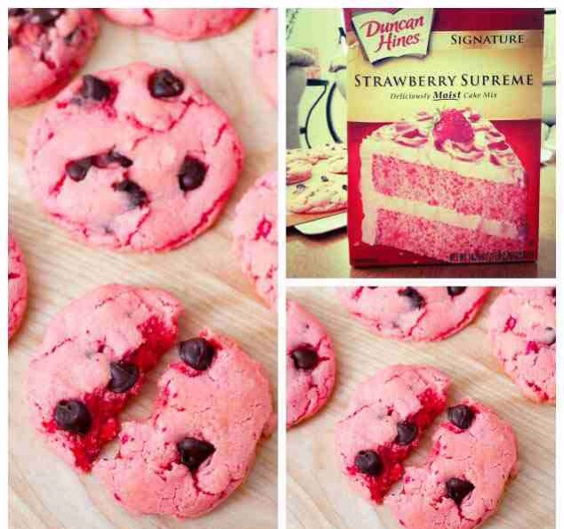 Strawberry Chocolate Chip Cookies

Mixed with a little oil, chocolate chips, eggs, baking powder and vanilla, strawberry cake mix is the base of what may be the prettiest and softest cookie you'll ever bake. And they're pink, too!