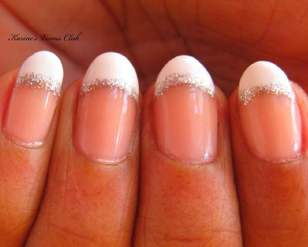 17. Using a nail glitter pen, draw a stripe along your French manicure tip to dress it up and cover up any uneven lines.Stripe Rite makes good, inexpensive nail glitter pens.