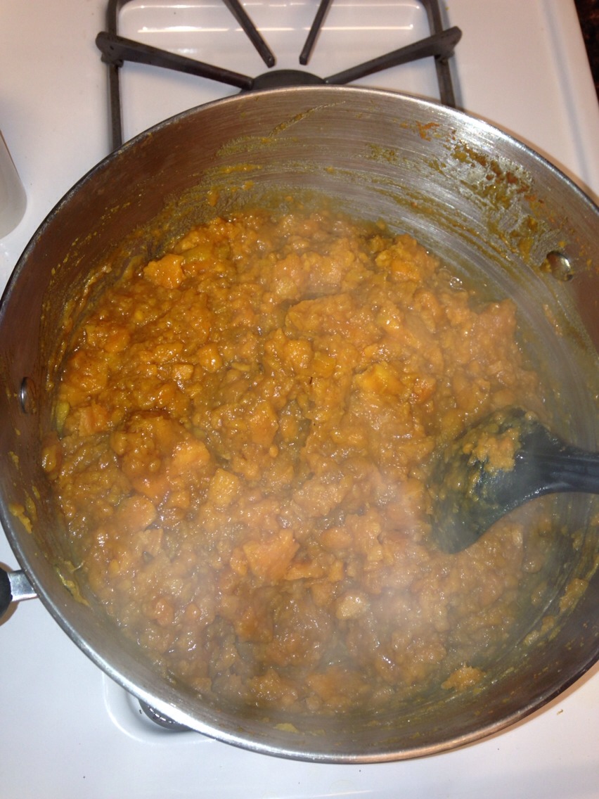Stir potatoes into the marshmallow sauce. While stirring mash about half of the potatoes and break the others into bite-size chunks. Transfer to prepared dish.