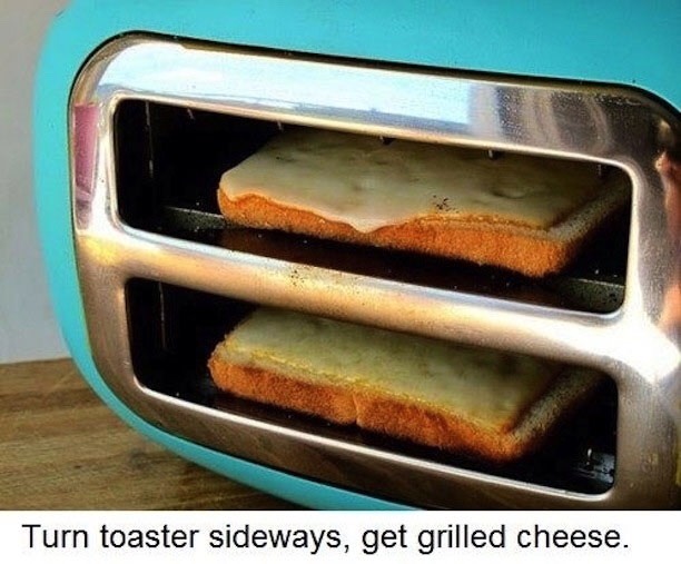 Instead of taking the toastie maker out, turn your toaster sidewards and place your bread with cheese in it, this is an easy way to make grilled cheese🍞