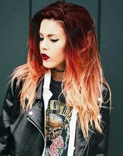 Dark red to blonde ombré 
Another cool idea here would be going from black to red to blonde (that way, if you've dark hair, the roots won't show as much)