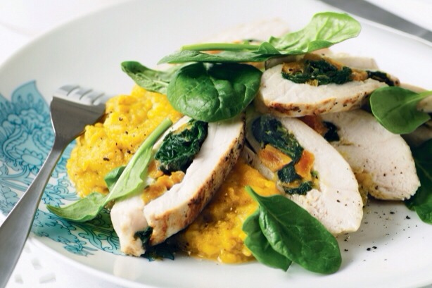 Apricot chicken with pumpkin pesto mash

