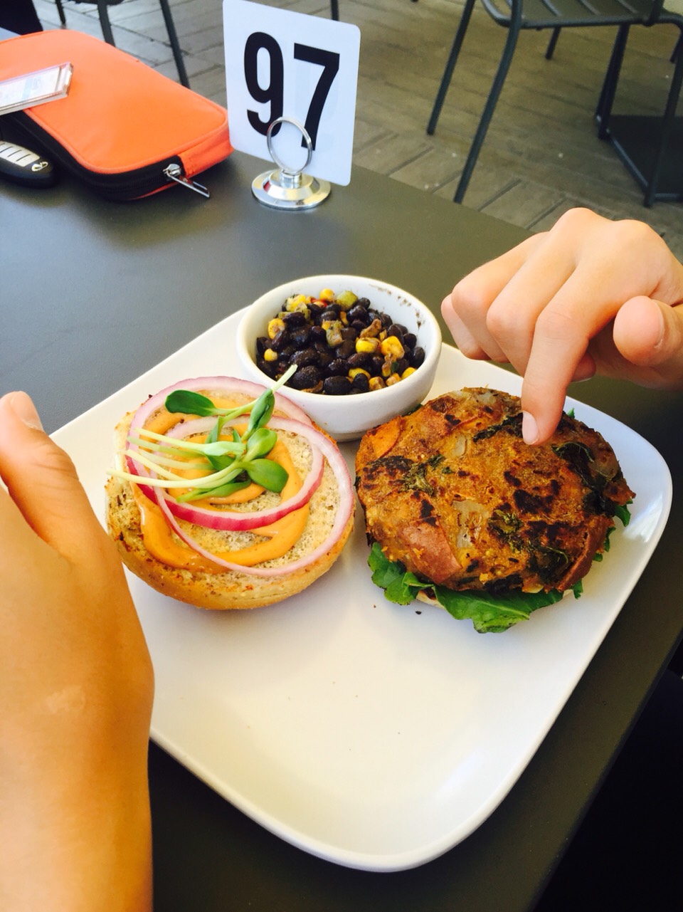 Vegan, Gluton free, Veggie burger with a side of beans! So yummy on a hot day in Florida(: