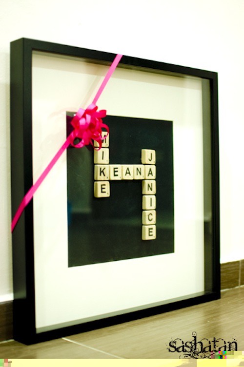33. Framed Scrabble Tiles
I just plain like the idea of using scrabble tiles, I guess they are my new obsession next to wine corks. You could frame them with a quote, family names, or anything else you’d like. Such a neat gift idea!