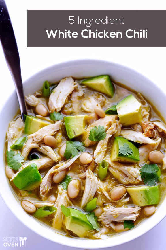 5 ingredient easy white chicken chili!
http://www.gimmesomeoven.com/5-ingredient-easy-white-chicken-chili-recipe/