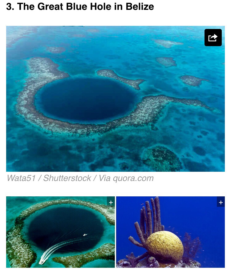 The Great Blue Hole is a submarine sinkhole off the coast of Belize. It's one of the top scuba diving sites in the world and the water is more than 400 feet deep.