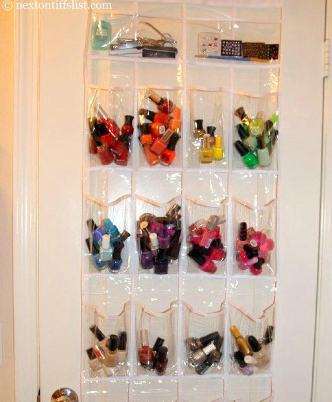 Over-the-door shoe racks make great little cubbies to store nail polishes and glosses.