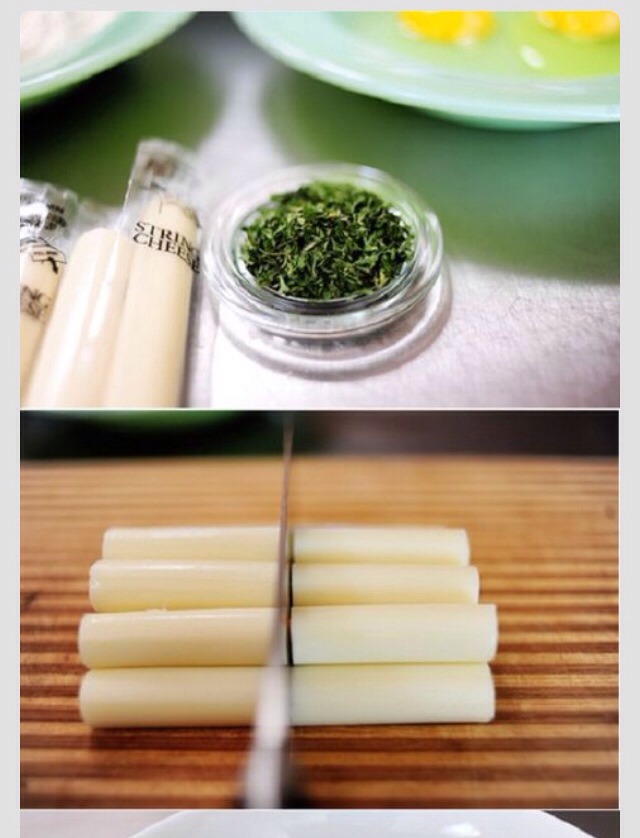 You can buy these Mozza String Cheese Sticks at your local grocery store, get a bunch and buy a bag of seasoned breadcrumbs. You can make your own breadcrumbs as well, just season with salt, pepper, parsley, etc. At home, get a couple eggs and crack them in a bowl, and cut the cheese sticks in half.