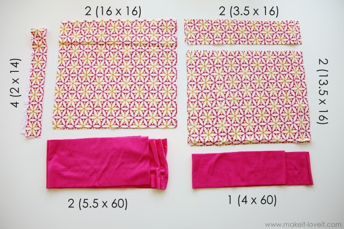Cut the following pieces of fabric as shown. The number of pieces is shown to the left of the parenthesis and the dimensions (in inches) is shown inside the parenthesis.  Then main large square pieces on the left are for the lining and the pieces on the right are for the outer bag.  