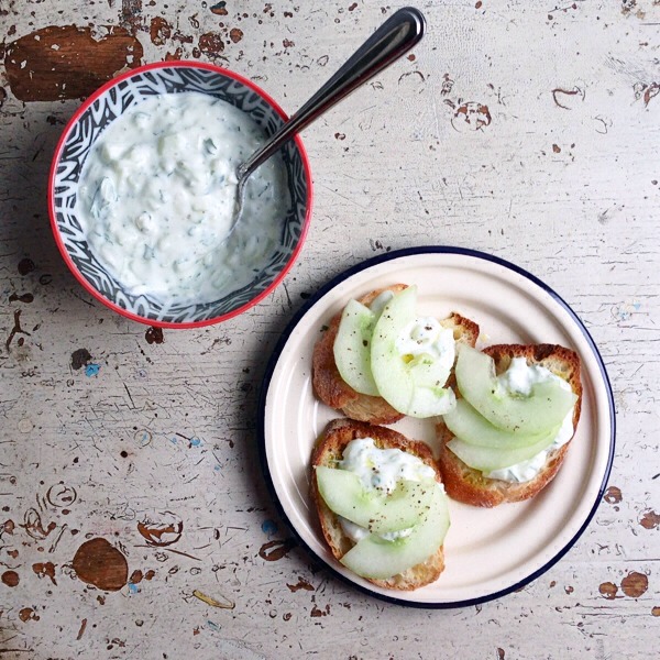 Tzatziki Cucumber Toasts

To make your tzatziki toasts, spread the tzatziki on toasted baguette slices and add a few slices of fresh deseeded cucumber. Top with a pinch of sea salt, pepper, and a drizzle of olive oil.