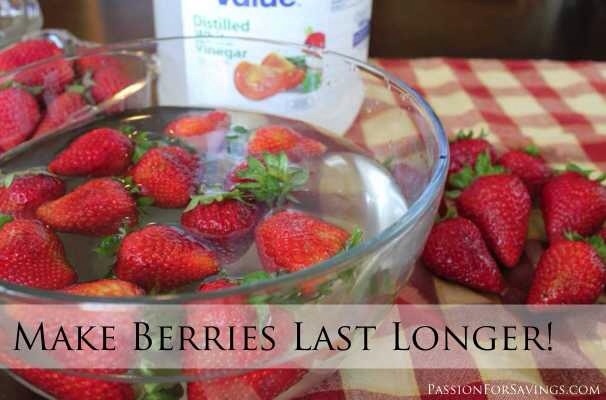 Use a vinegar solution to make your berries last longer.
Prepare a mixture of one part vinegar (white or apple cider) and ten parts water. Swirl the berries around in the mixture, drain, rinse, and put them in the fridge. The solution is diluted enough that you won't taste the vinegar.