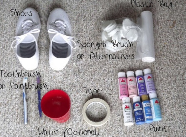 Tape the sides of your shoes so you don't get any paint on the rubber. Take out shoelaces and inside padding.
Dab paint around the shoes. The colours should look like they are naturally fading. Use water & lighter colours to blend easier.
Flick white paint from a brush for the stars. 
Et voila!