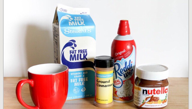 gather all the ingredients needed to complete this recipe.
Nutella
One cup of milk
Any other ingredients you enjoy in hot cocoa (marshmallows, cinnamon etc...)