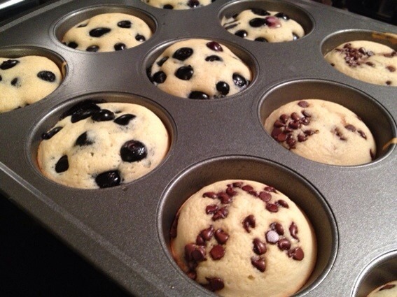 Pancake in a muffin tin when they are done chocolate chip and blueberry